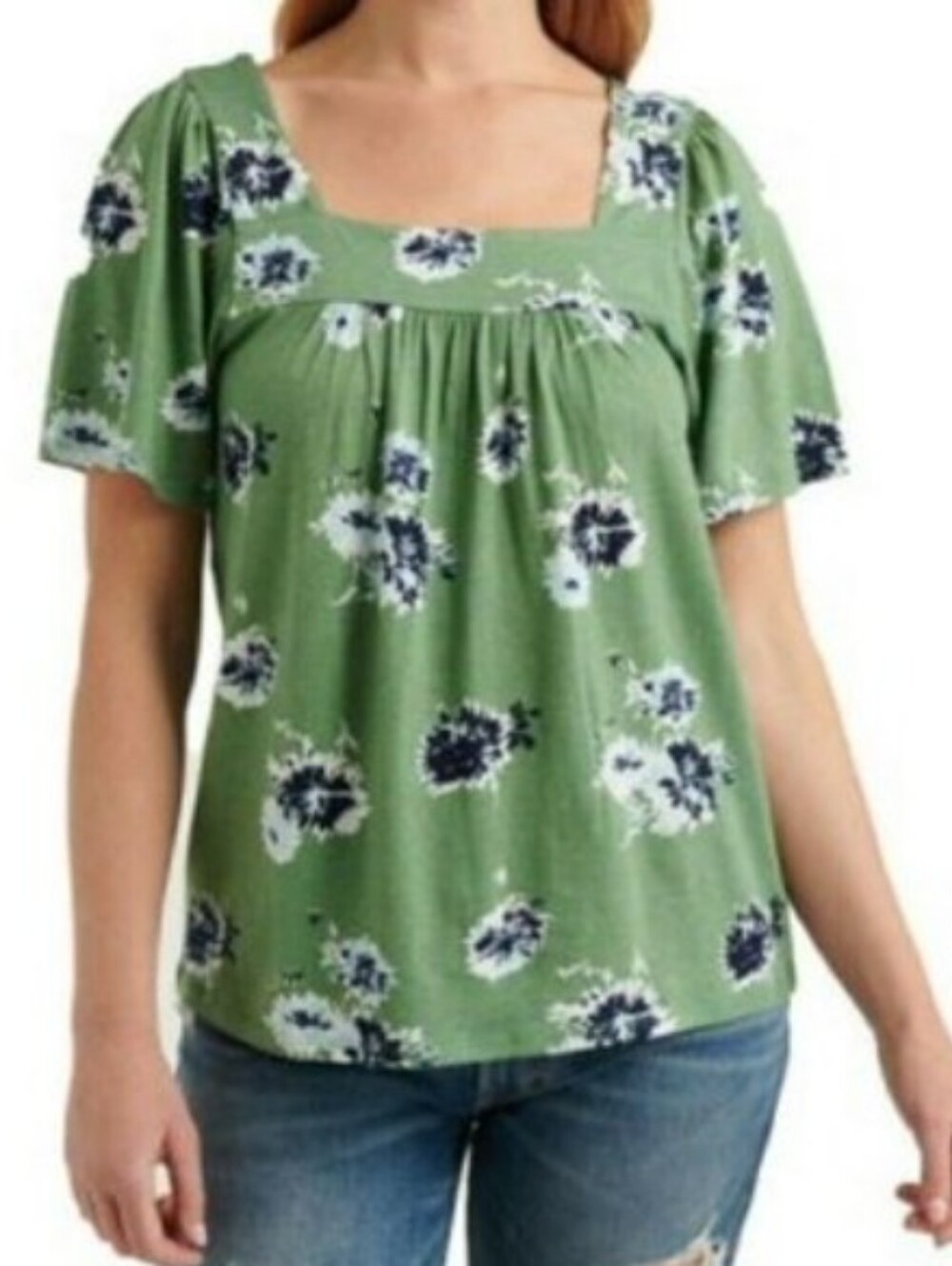 Lucky Brand Green Floral Flutter Sleeve Square Neck Blouse, Size XXL